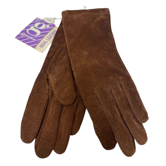 GRANDOE Brown Suede Gloves Womens Medium Genuine Leather - Picture 1 of 11